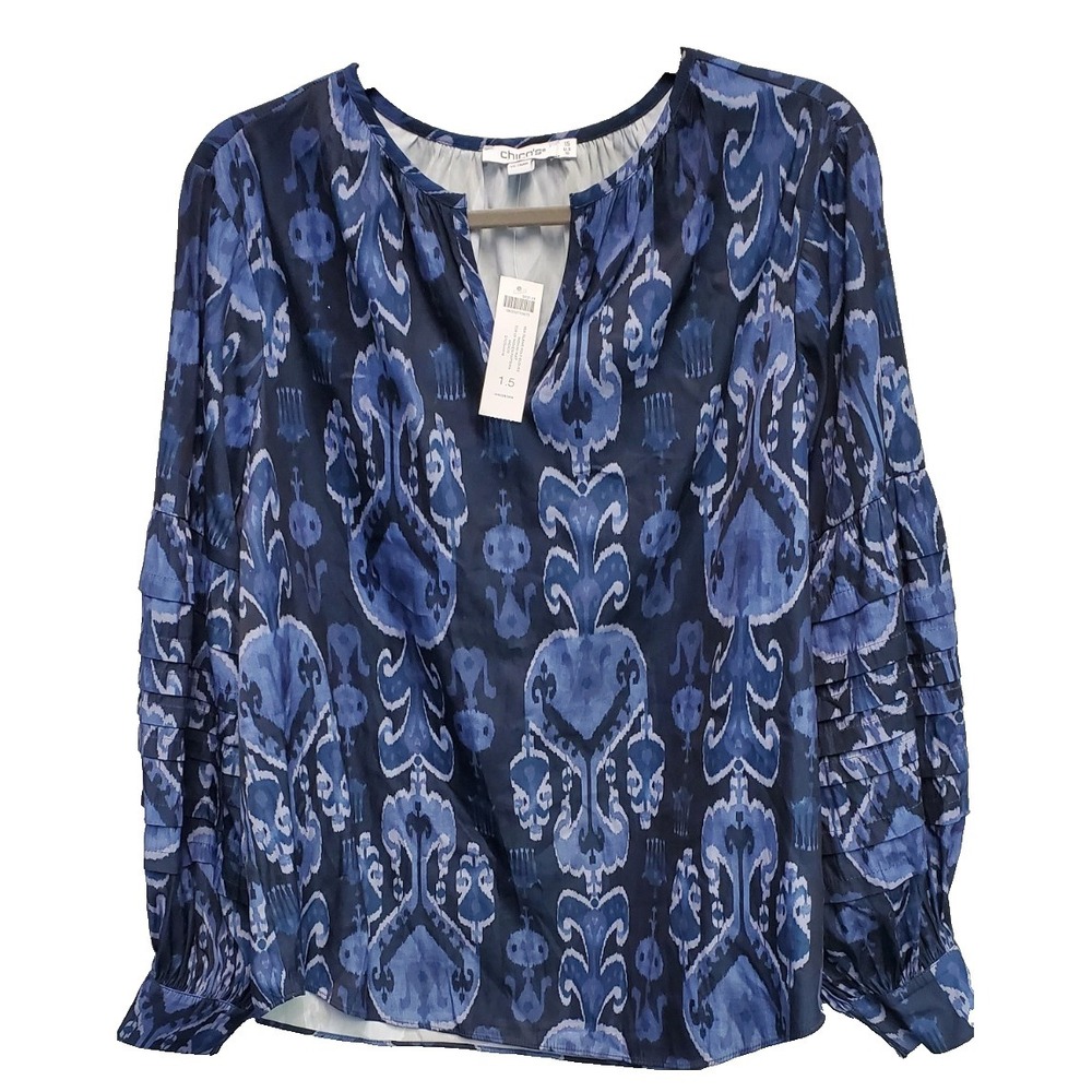 Chico's‎ Pleated Sleeve Sea Island Indigo Ikat Print Popover Top Sz 1.5 (Med/10)